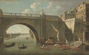 A view through Westminster Bridge looking west towards Lambeth Palace, with figures and boatmen in the foreground by Samuel Scott