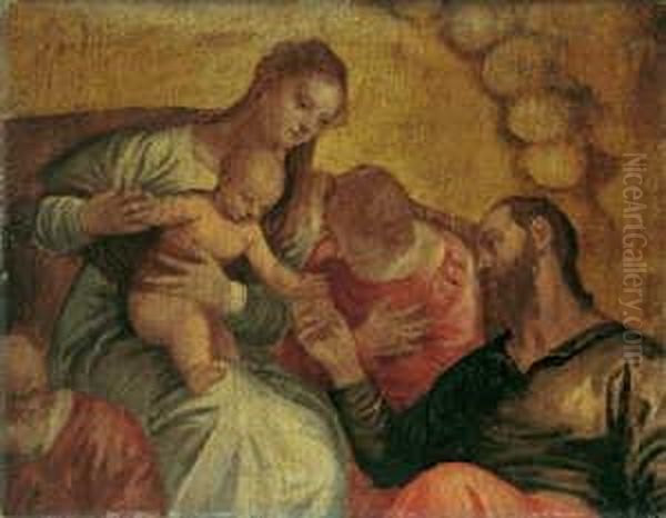Gen. , Schule Maria Mit Dem
Kind, Einem Engel Und Einem Heiligen. Ol Auf Leinwand. H 76; B 98 Cm - view 1
