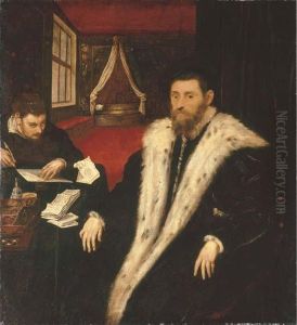 Portrait Of A Nobleman,
Half-length, In A Coat Trimmed With Ermine, Seated At His Desk With His
Secretary Portrait Of A Nobleman,
Half-length, In A Coat Trimmed With Ermine, Seated At His Desk With His
Secretary