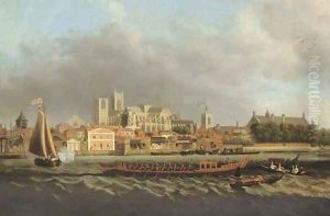 View of Westminster from Lambeth, with a Royal barge in the foreground by Samuel Scott
