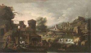 An extensive Italianate landscape with Tobias and the Angel