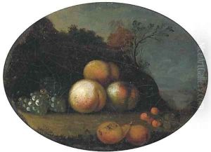 Peaches, grapes, pears and cherries in a wooded clearing by Tobias Stranover