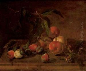 Peaches, plumbs and hazelnuts on a stone ledge by Tobias Stranover