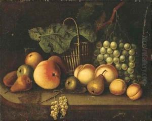 Grapes on the vine, pears, peaches, a wicker basket and other fruit on a ledge by Tobias Stranover