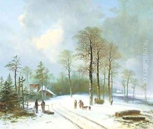 Figures on a snow-covered forest path by Acobus Loernsz. Sorensen