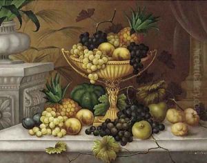 Still Life of grapes, peaches and a pineapple in an ewer on a ledge surounded by other fruit by Edwin Steele