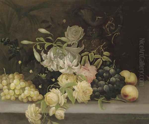 Lillies and roses, hollyhocks, grapes and peaches - view 1