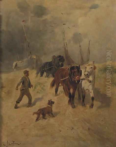A team of horses on the beach, fishing-smacks in the background - view 1