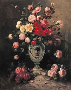 Flowers in a tall vase by Henry Schouten
