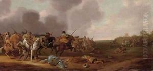 A cavalry skirmish by Jan Jacobsz. Van Der Stoffe
