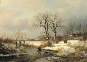 A winter landscape with a figure near a hole in ice by Louis Sierich