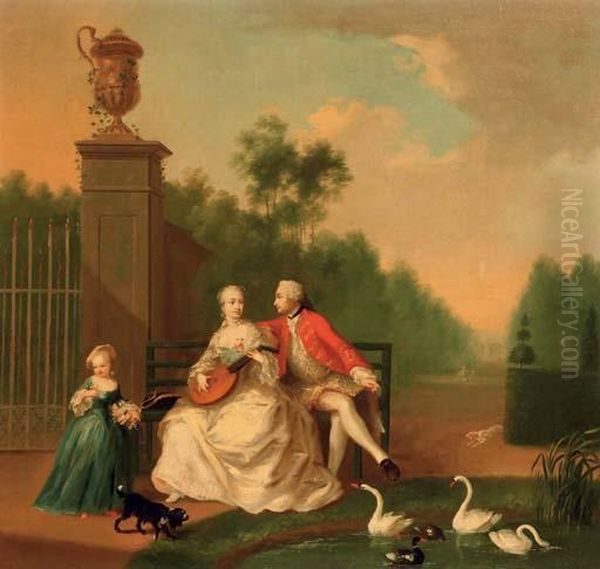 An Elegant Couple On A Bench By A
Pond With Swans And Ducks, A Girl By Their Side, In A Park Landscape - view 1