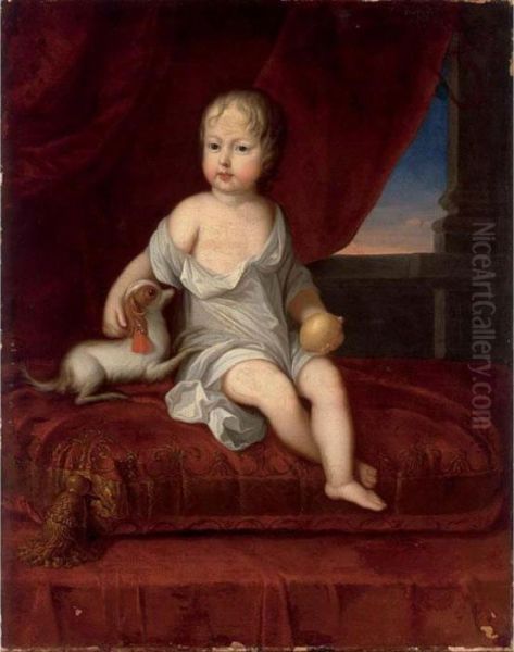 A Portrait Of A Young Boy,
Seated Full-length On A Red Pillow, Holding A Lemon In His Hand,
Together With A Dog - view 1
