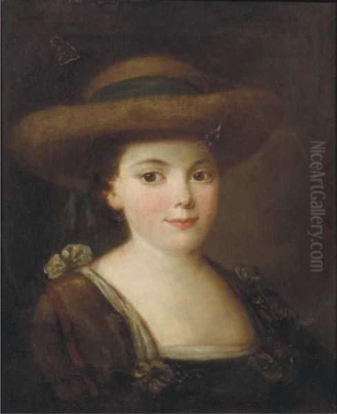 Portrait Of A Lady, Bust-length, Wearing A Brown Dress And Hat Witha Green Ribbon - view 1