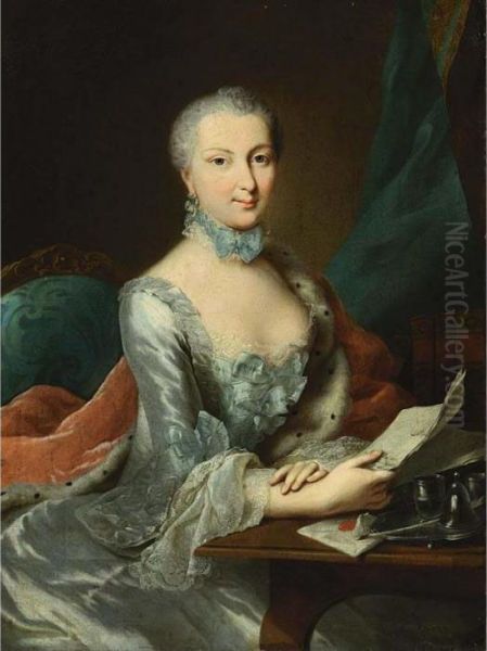 A Portrait Of A Lady, Seated 
Three-quarter Length At A Desk, Wearing A Blue Dress With An 
Ermine-lined Fur Mantle And Holding A Letter In Her Hand - view 1