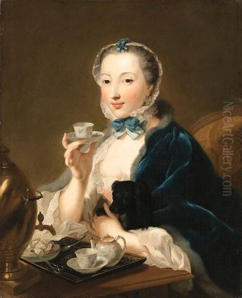 Portrait Of The Artist's Wife, 
Marie Sophie Robert, Half Length,with A Dog And Holding A Tea Cup - view 1