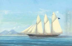 A three-masted schooner in the Mediterranean off Naples by A. De Simone
