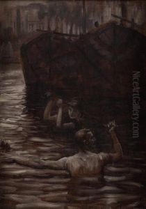 Renee Mauperin, Renee And Reverchon Swimming In The Seine by James Jacques Joseph Tissot