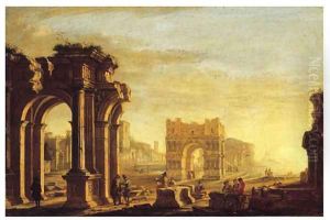 A capriccio of a Mediterranean port with figures amongst classical ruins by Alessandro Salucci