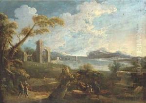 An Italianate landscape with figures on a track and classical ruins beyond