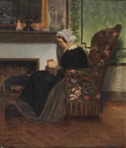 Portrait D'une Dame Cousant Pres De La Cheminee by James Jacques Joseph Tissot