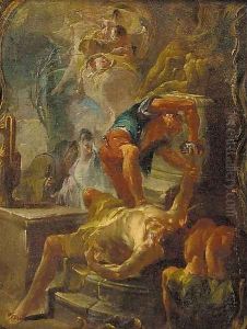 The martyrdom of a male Saint, in a trompe l'oeil baroque surround The martyrdom of a male Saint, in a trompe l'oeil baroque surround