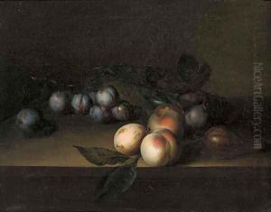Plums, peaches and a fig, on a ledge by George William Sartorius