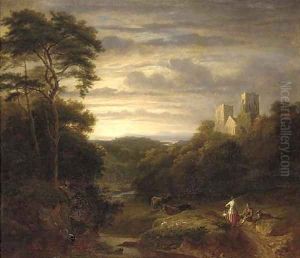 A family resting on a track, an abbey in an extensive landscape beyond by George, of Chichester Smith