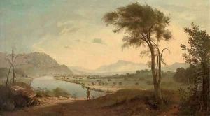 View of the Valley of the Lune, with the Lune river, Lancaster, and a figure with his dog in the foreground by George, of Chichester Smith