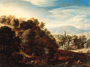 A wooded landscape with shepherds resting on a hillside by Herman Saftleven