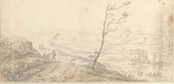 An extensive river landscape with travellers on a path - view 1