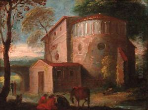 Travellers resting before a church in an Italianate landscape