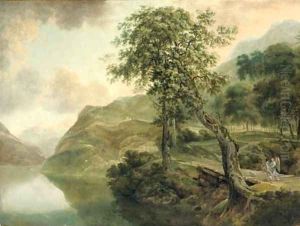A mountainous wooded landscape with Tobias and the Angel on a wooden bridge near a lake by Herman Van Swanevelt