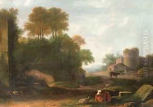 An Italianate landscape with peasants attending their cows and sheep among ruins by Herman Van Swanevelt