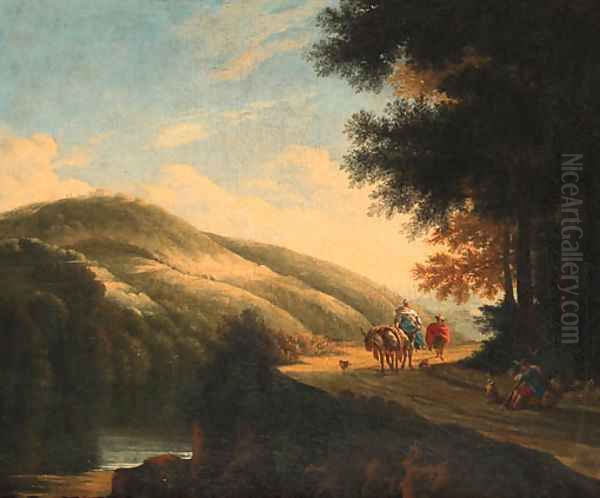 Muleteers on a road by a river in an Italianate landscape - view 1