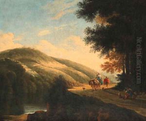 Muleteers on a road by a river in an Italianate landscape by Herman Van Swanevelt