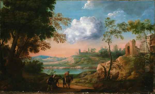 An Italianate landscape with travellers and donkeys on a track - view 1