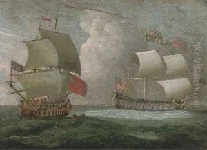 A Royal Yacht and a Royal Naval two-decker in close quarters by Isaac Sailmaker