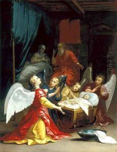 The Birth of the Virgin with adoring angels by Jacques Stella