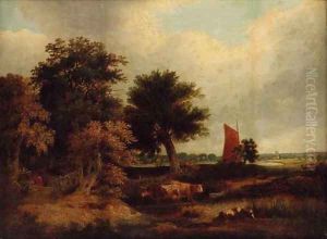 Cattle watering in a wooded landscape, with a wherry near Norwich