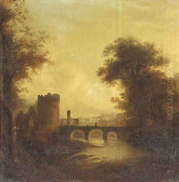 A ruined abbey and bridge in a river landscape with a town beyond - view 1