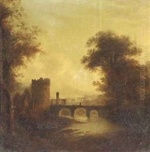 A ruined abbey and bridge in a river landscape with a town beyond by James Stark