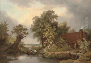 Figures in a punt by a cottage