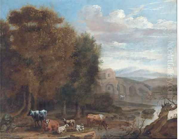 Cattle and goats resting by a lake - view 1