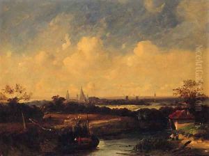 Figures on a Hay Barge with Windmills and a Church beyond