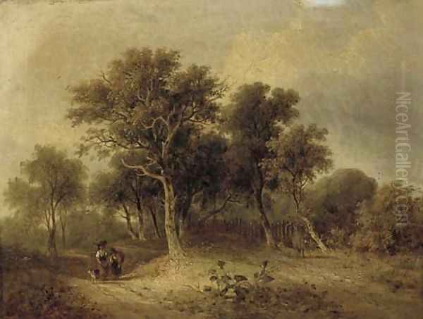 Travellers on a wooded track - view 1