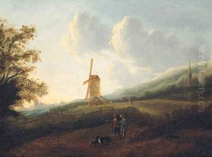 A landscape with travellers by a windmill, a town in the distance A landscape with travellers by a windmill, a town in the distance