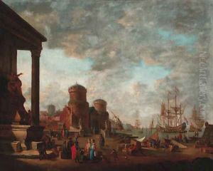 A Mediterranean harbour with moored men-'o-war and other shipping with oriental merchants and stevedores on a quay by Johann Georg Stuhr