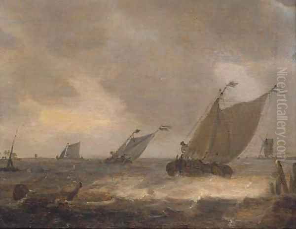 Dutch barges in a stiff breeze offshore - view 1