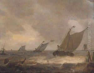 Dutch barges in a stiff breeze offshore by Johannes Pieterszoon Schoeff